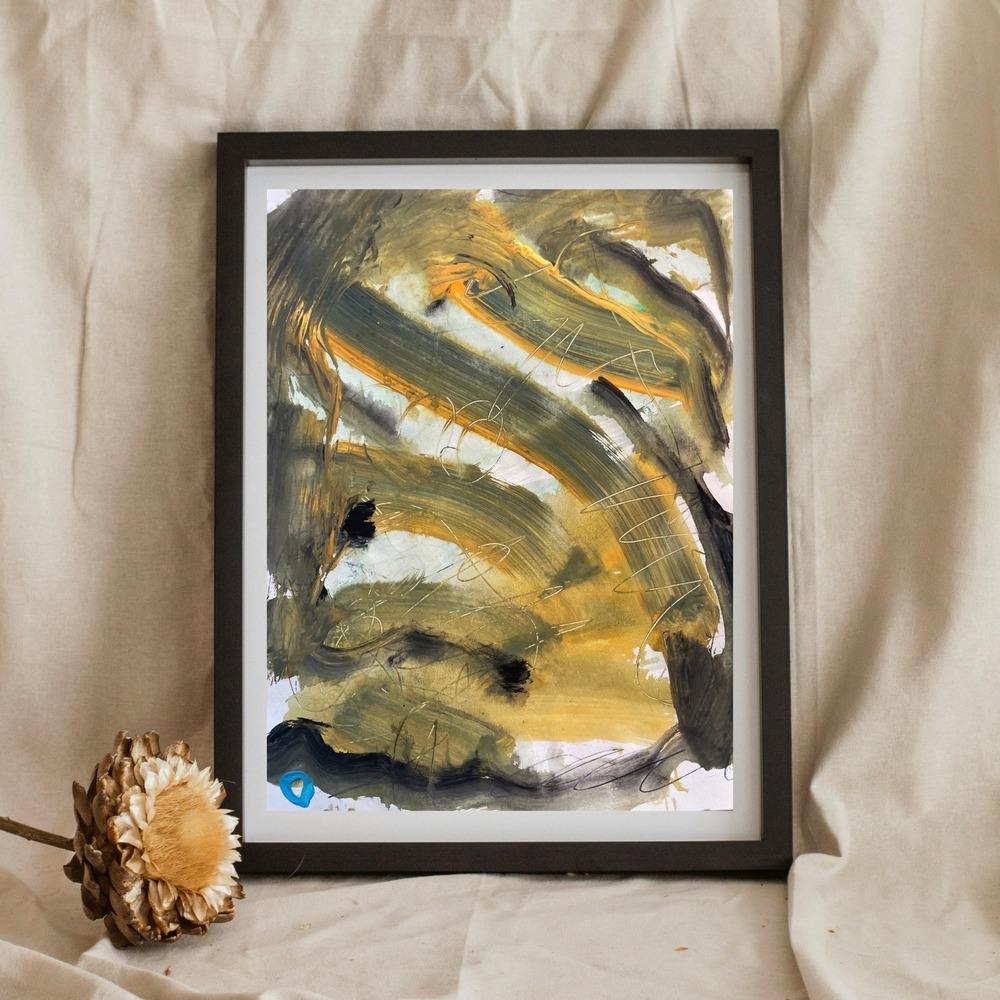 OMAN Original Abstract Painting 8.5x11 Expressionist Art Olive Green Ochre Grey